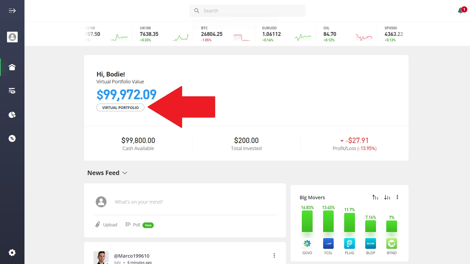 Plataforma eToro em modo de demonstração