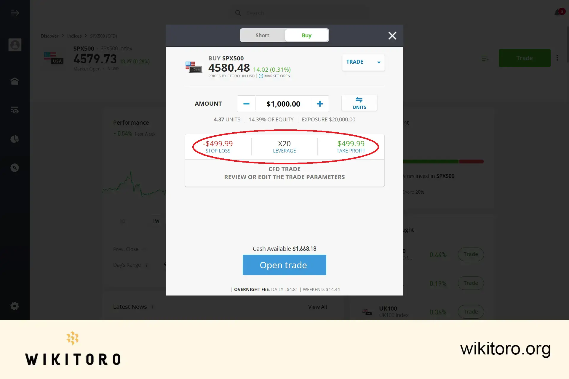 Definir parâmetros de negociação do eToro S&P 500