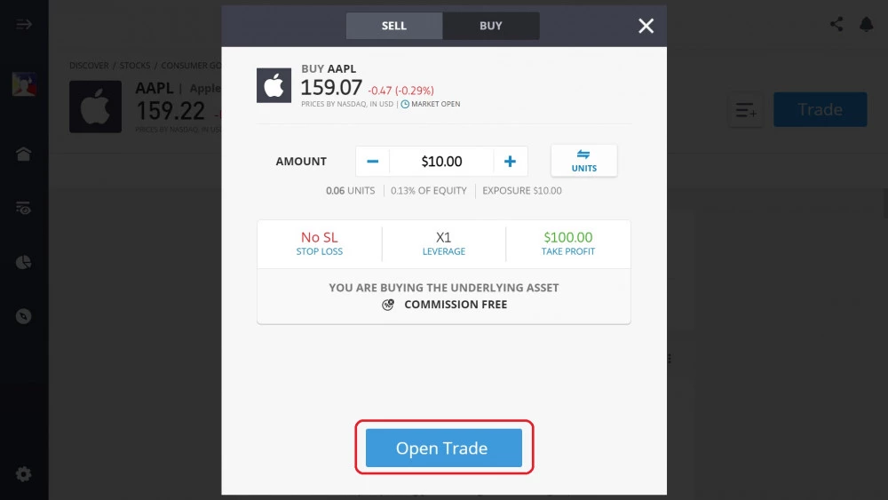 Executando ordem de compra da Apple na plataforma do eToro