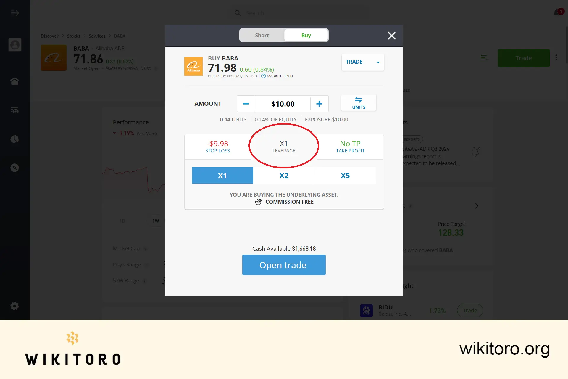 Definir parâmetros de negociação de acções Alibaba do eToro