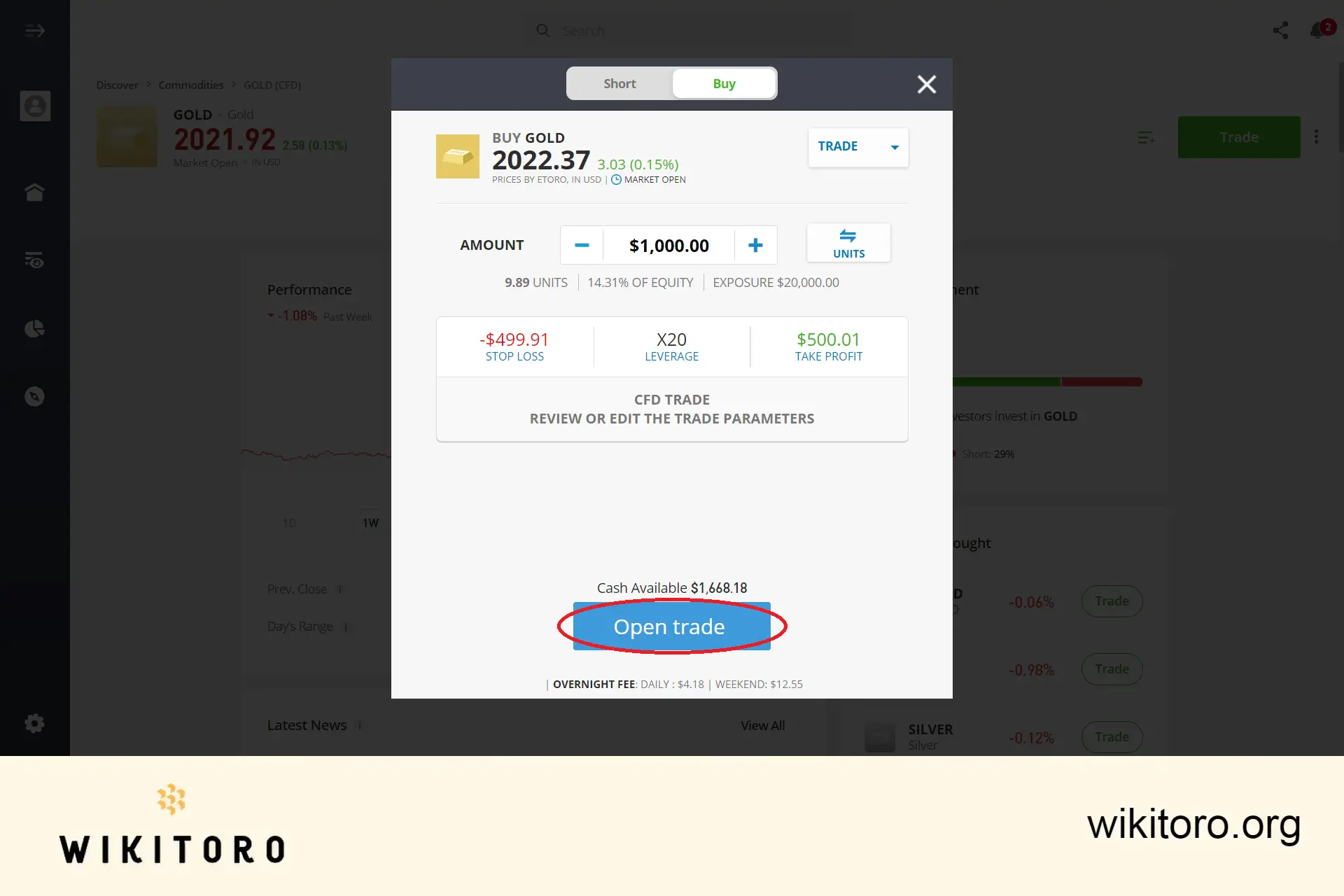 Executar ordem de transação eToro Gold