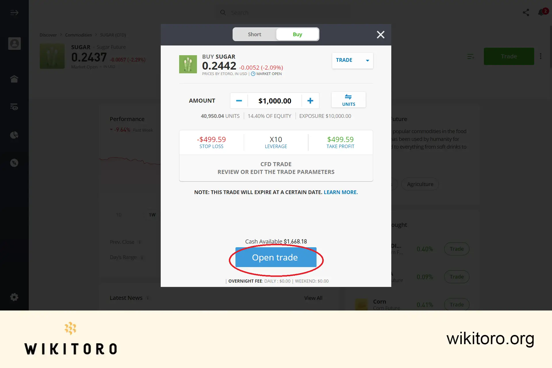 Executando eToro Ordem de negociação de açúcar