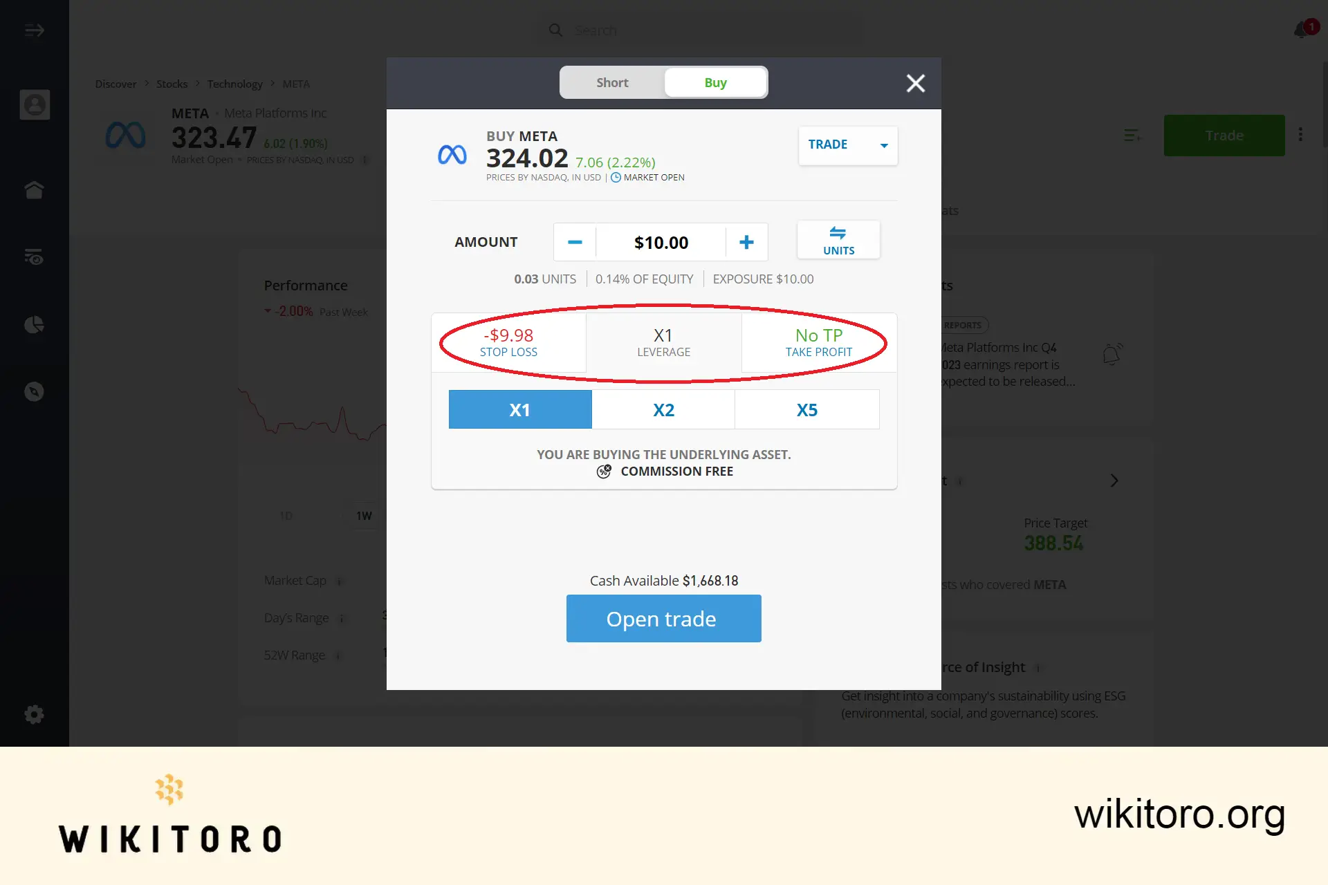 Definir parâmetros de negociação de acções eToro Meta