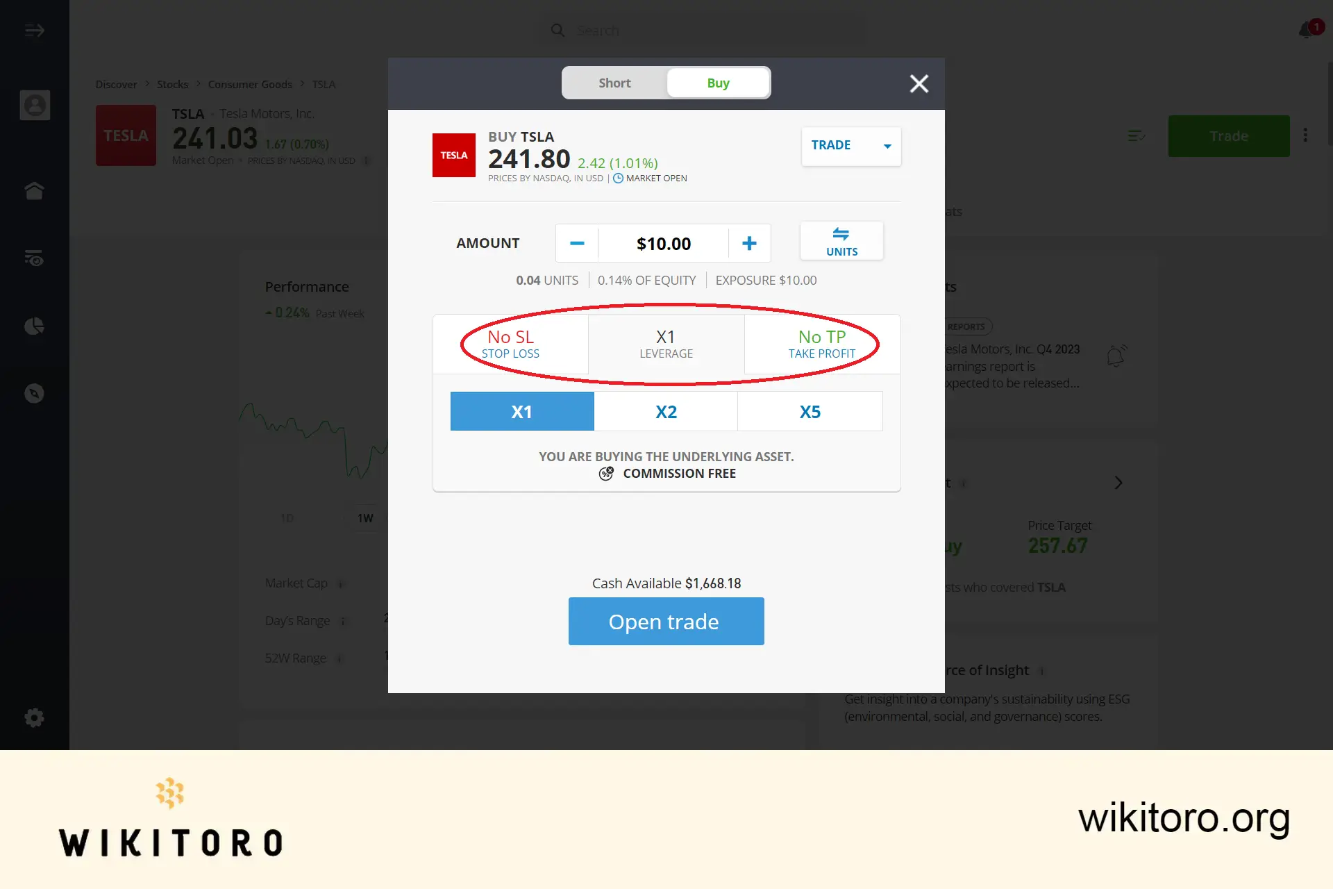 Definir parâmetros de negociação de acções eToro Tesla