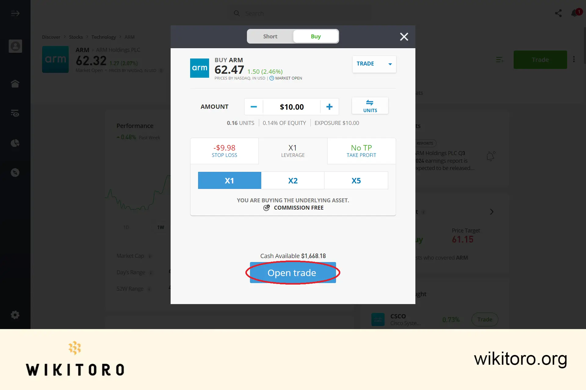 Executar eToro Arm Stocks trade