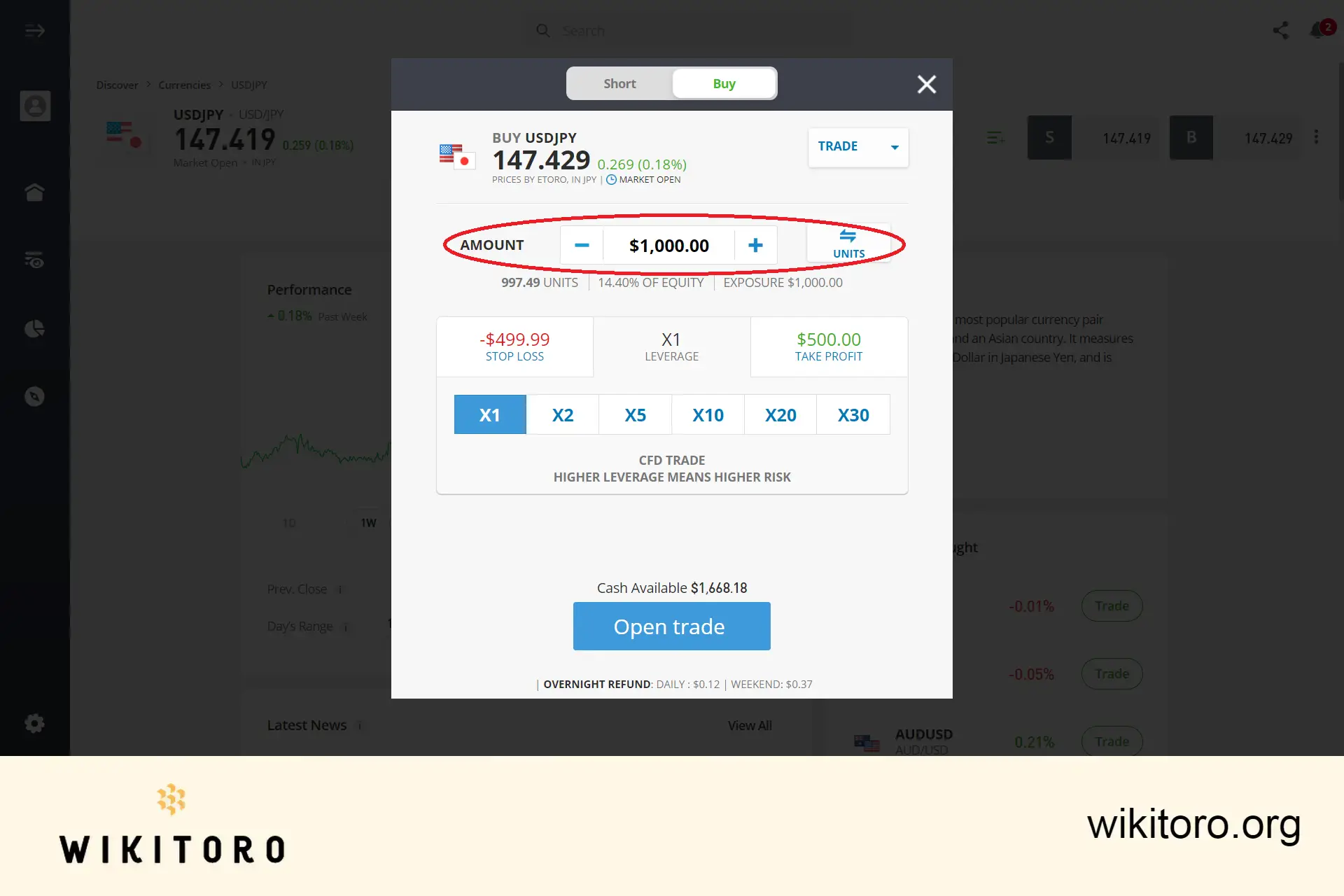 Introduzir o montante de transação eToro USDJPY