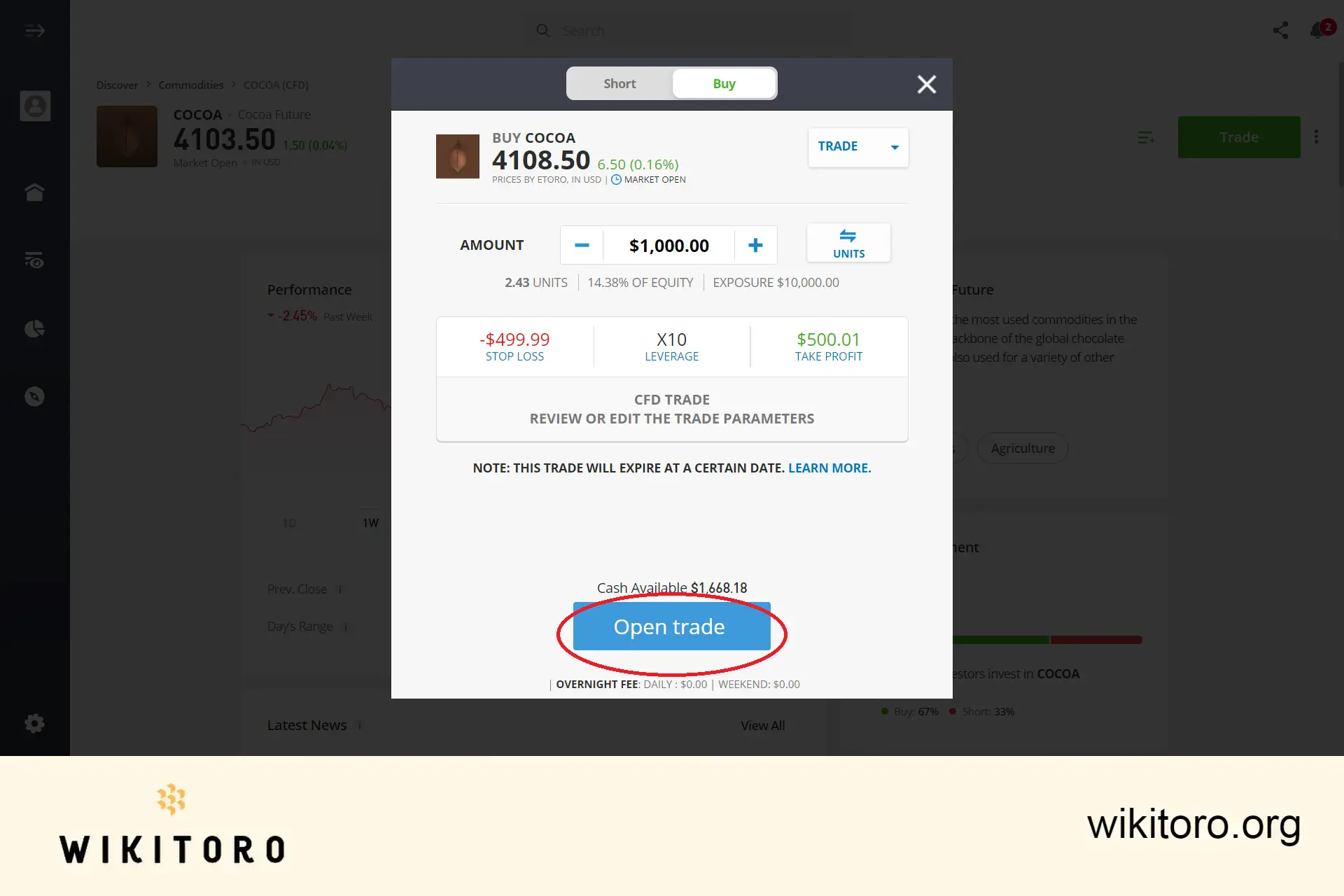 Executando ordem de negociação eToro Cocoa