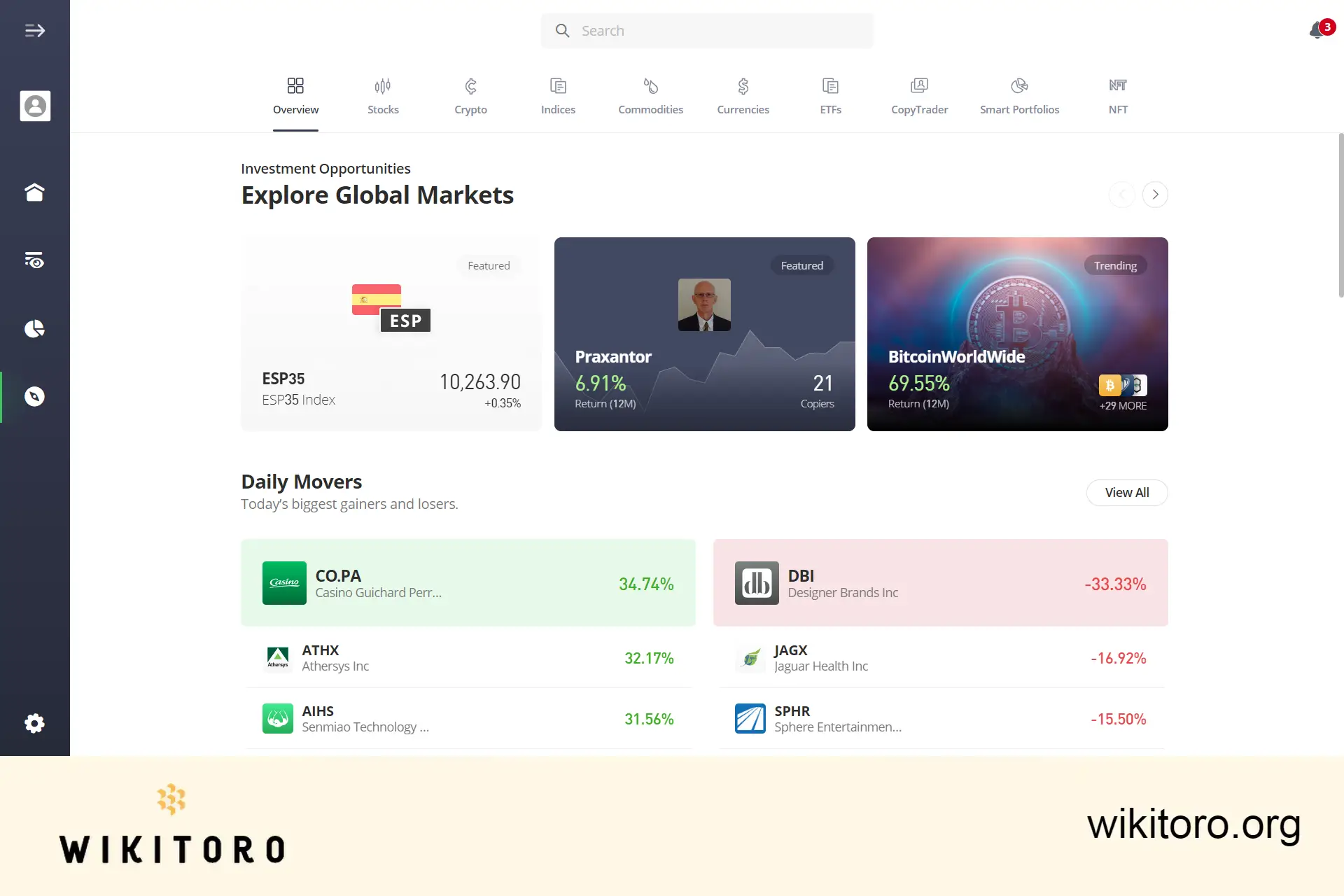 página de negociação eToro Discover