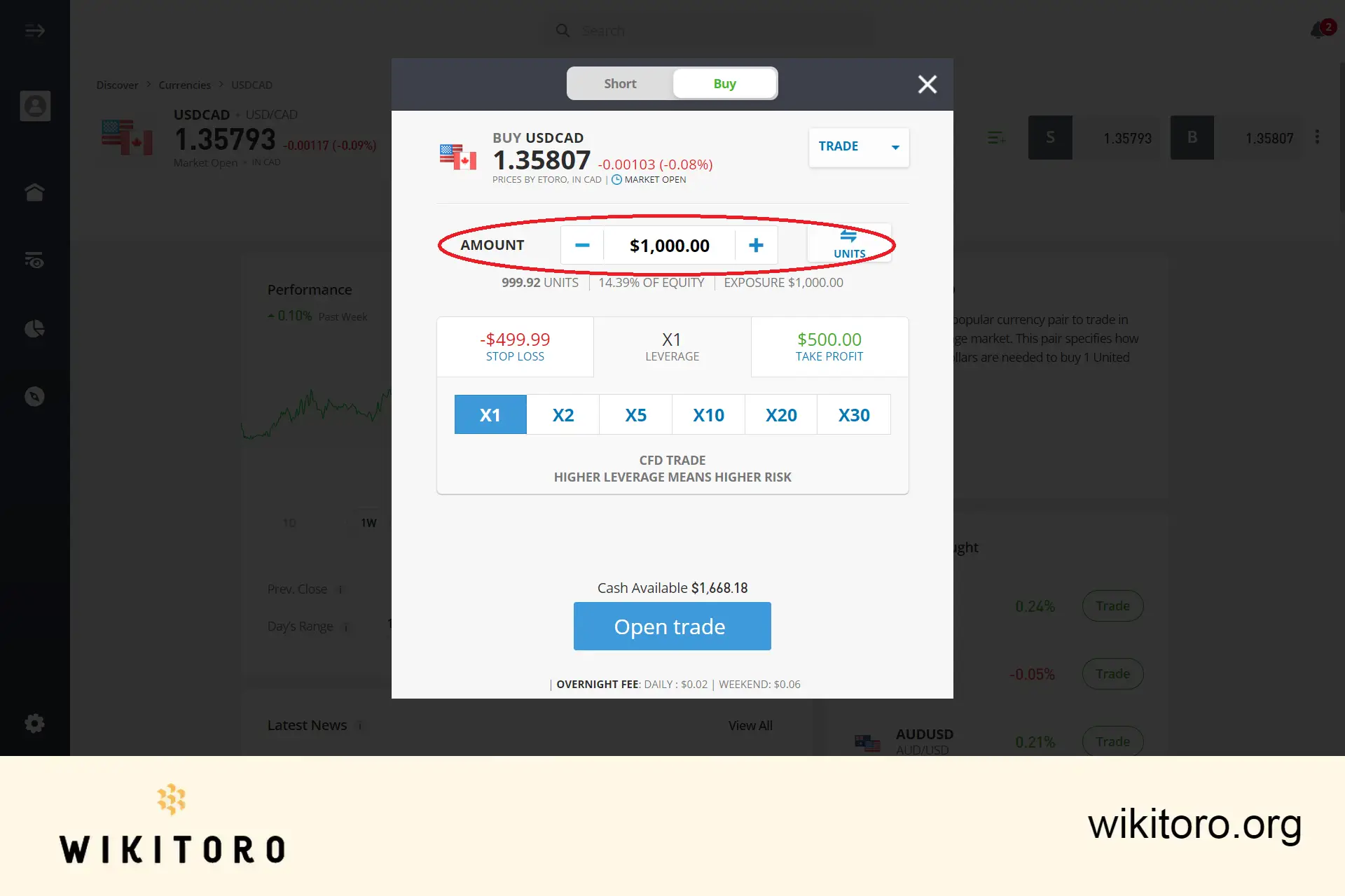 Introduzir o montante de negociação eToro USDCAD