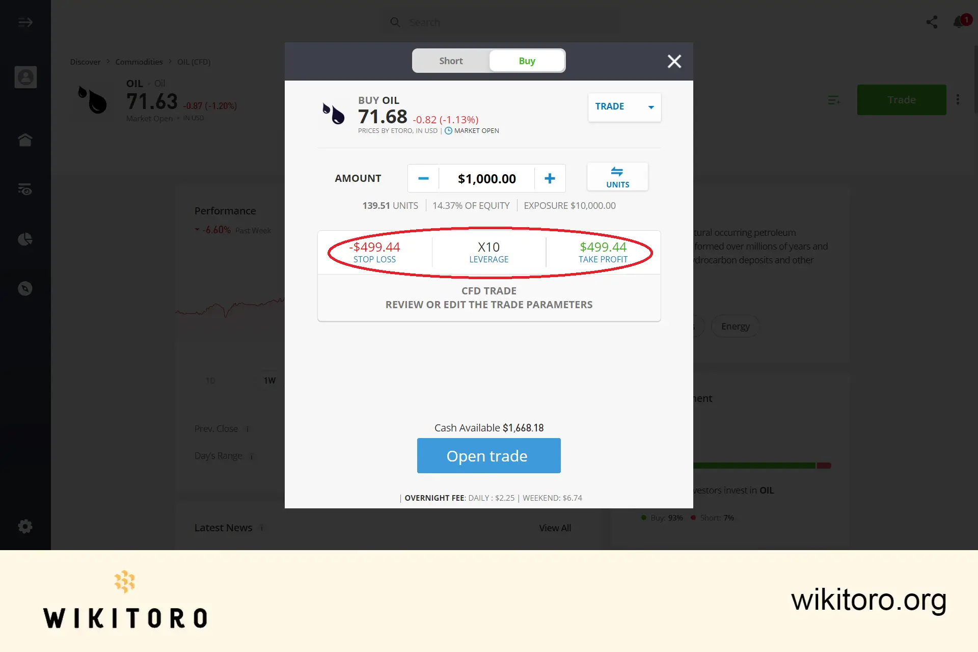 Definir parâmetros de negociação de petróleo bruto no eToro