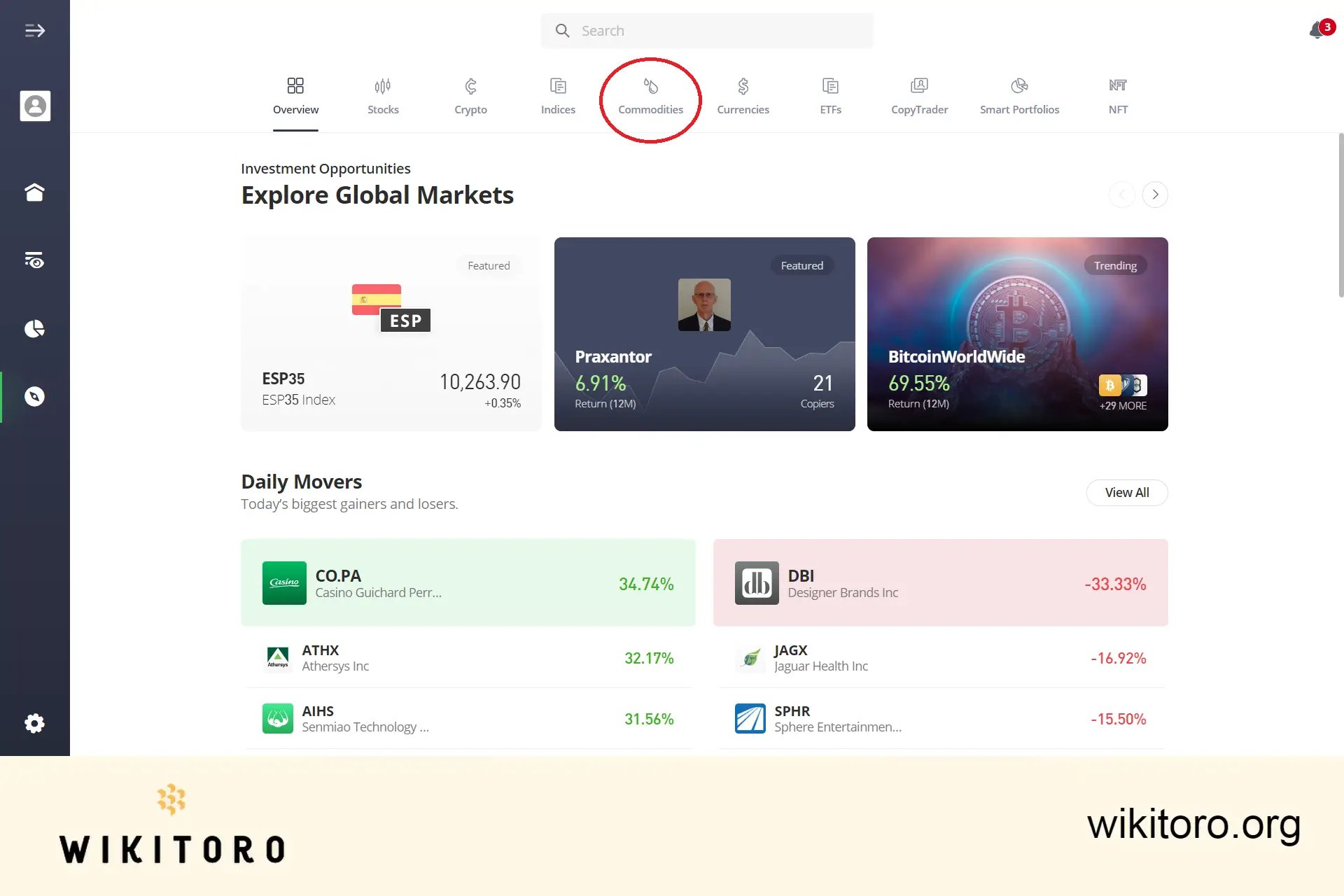 Selecionar a categoria de activos Commodities no eToro