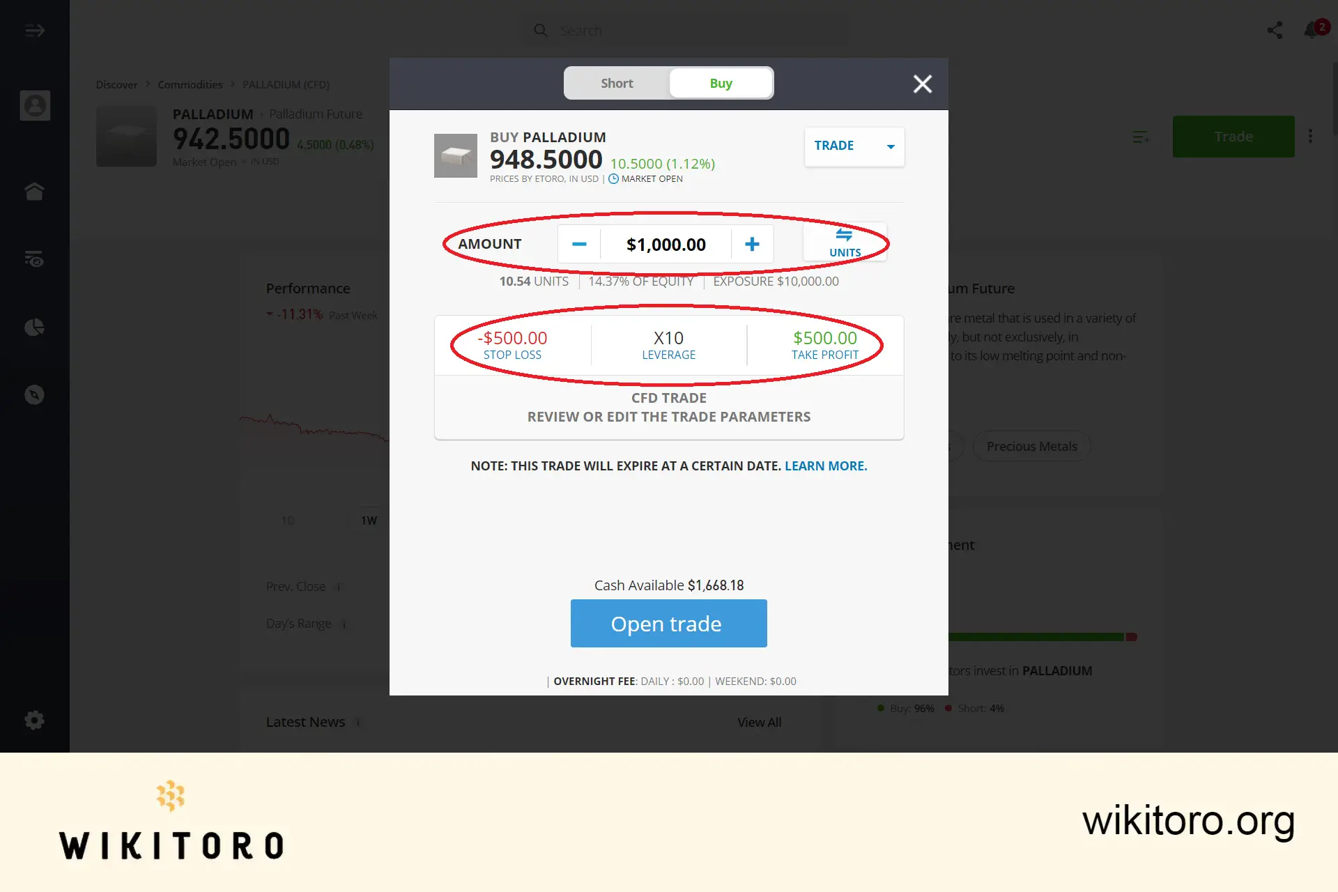 Definir parâmetros de negociação de paládio no eToro