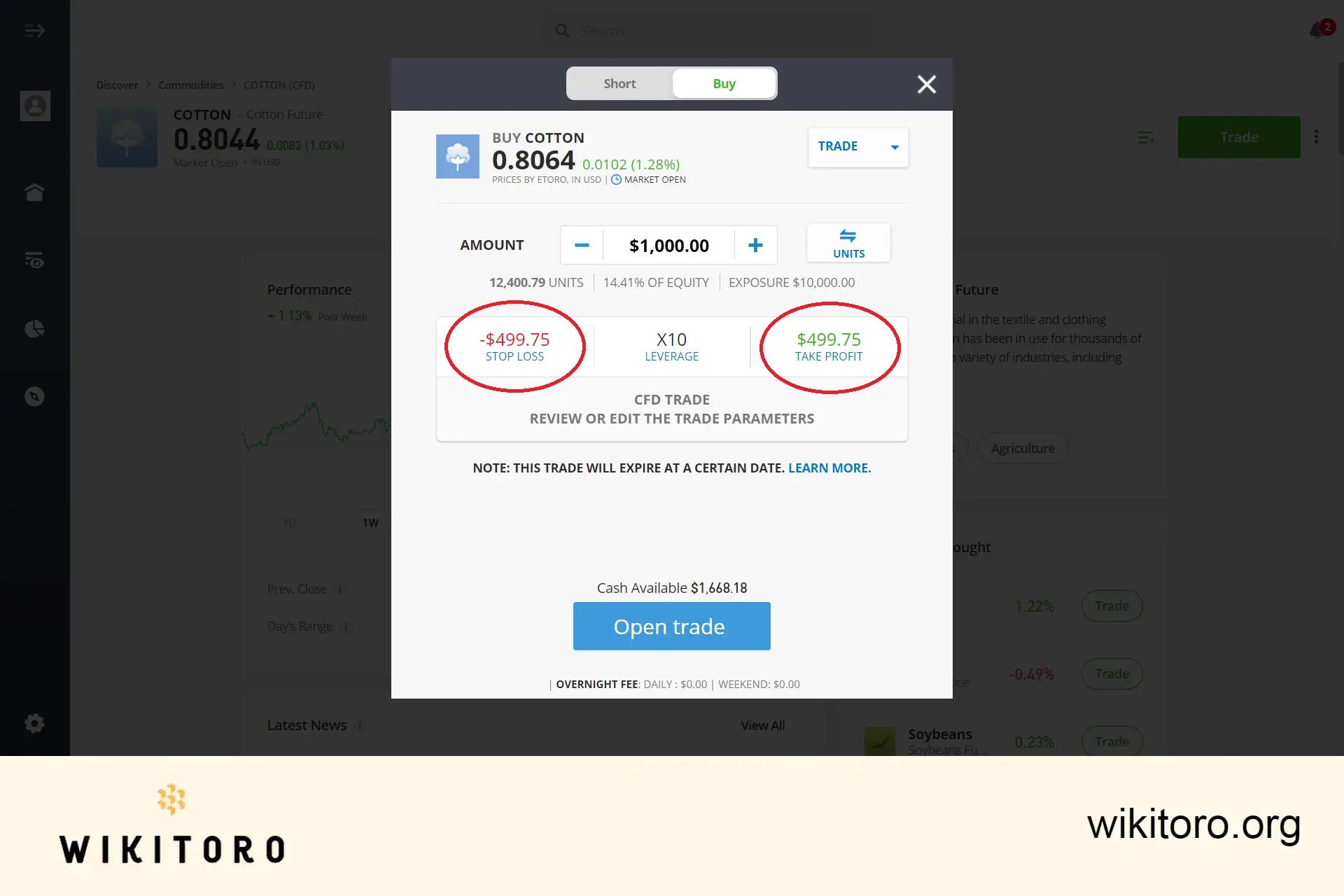 Definir parâmetros de negociação de algodão em eToro