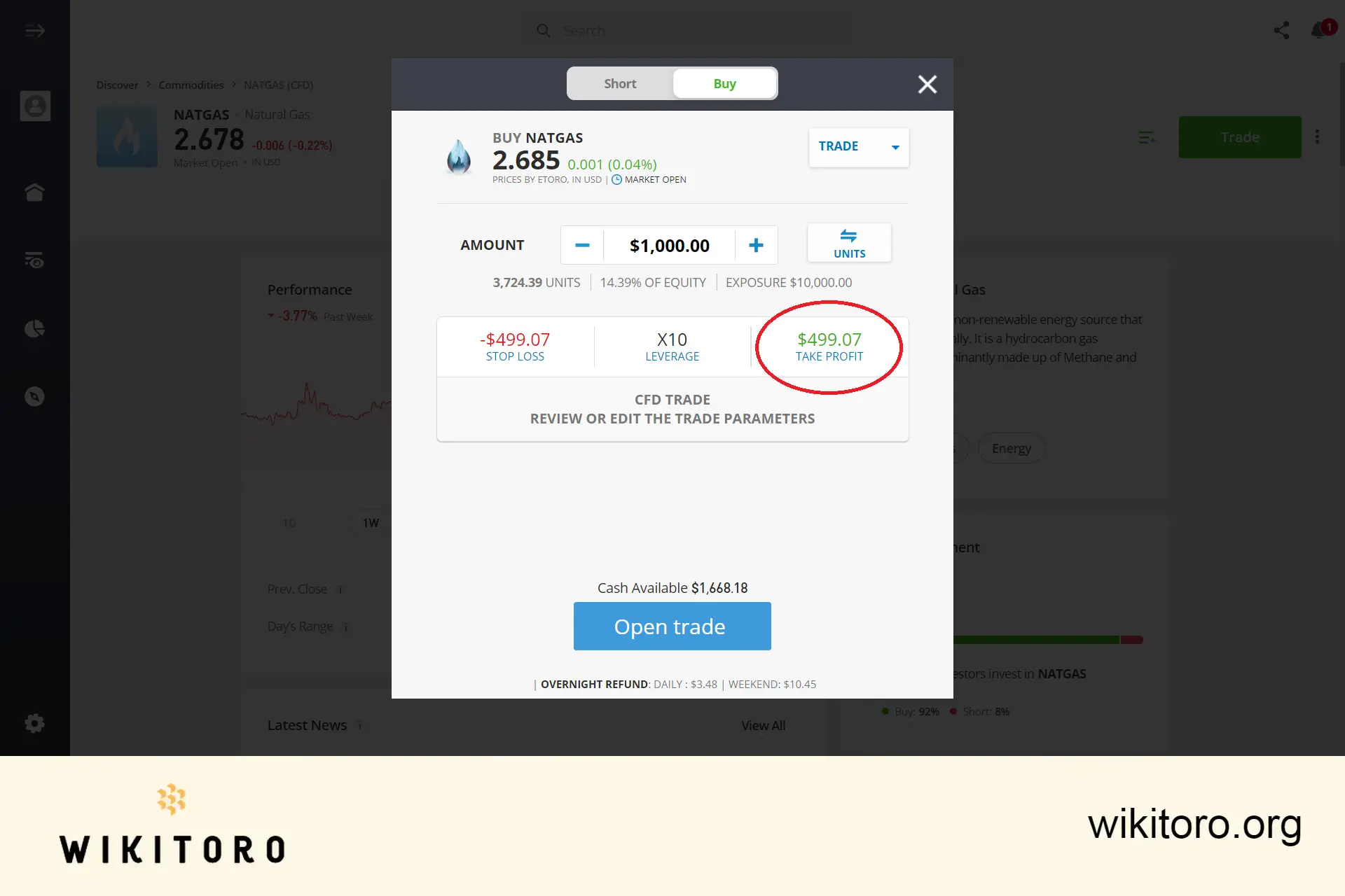 Definir parâmetros de negociação de gás natural no eToro