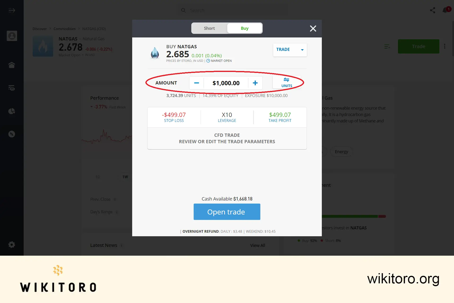 Definir parâmetros de negociação de gás natural no eToro