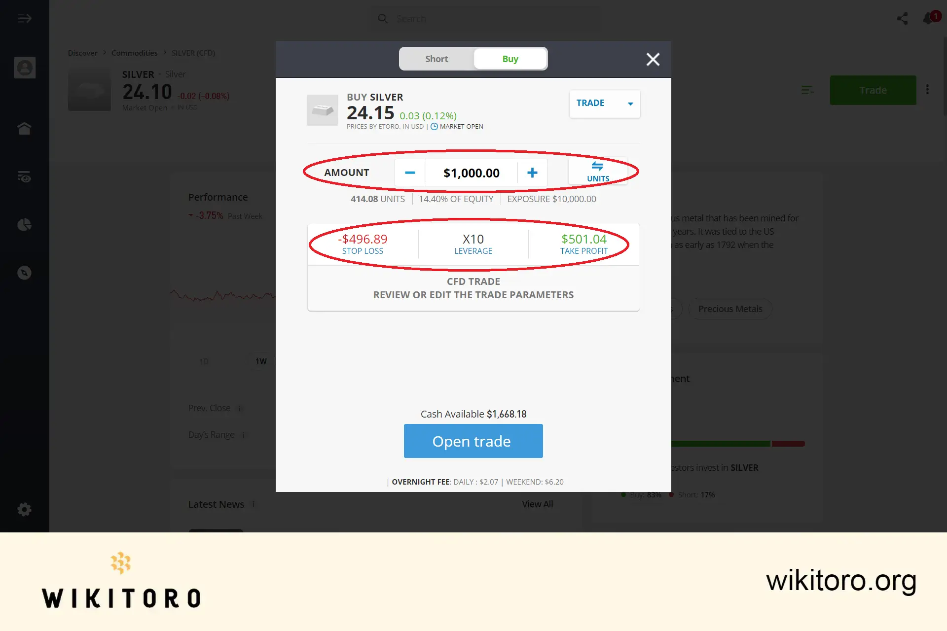 Definir parâmetros de negociação de prata em eToro