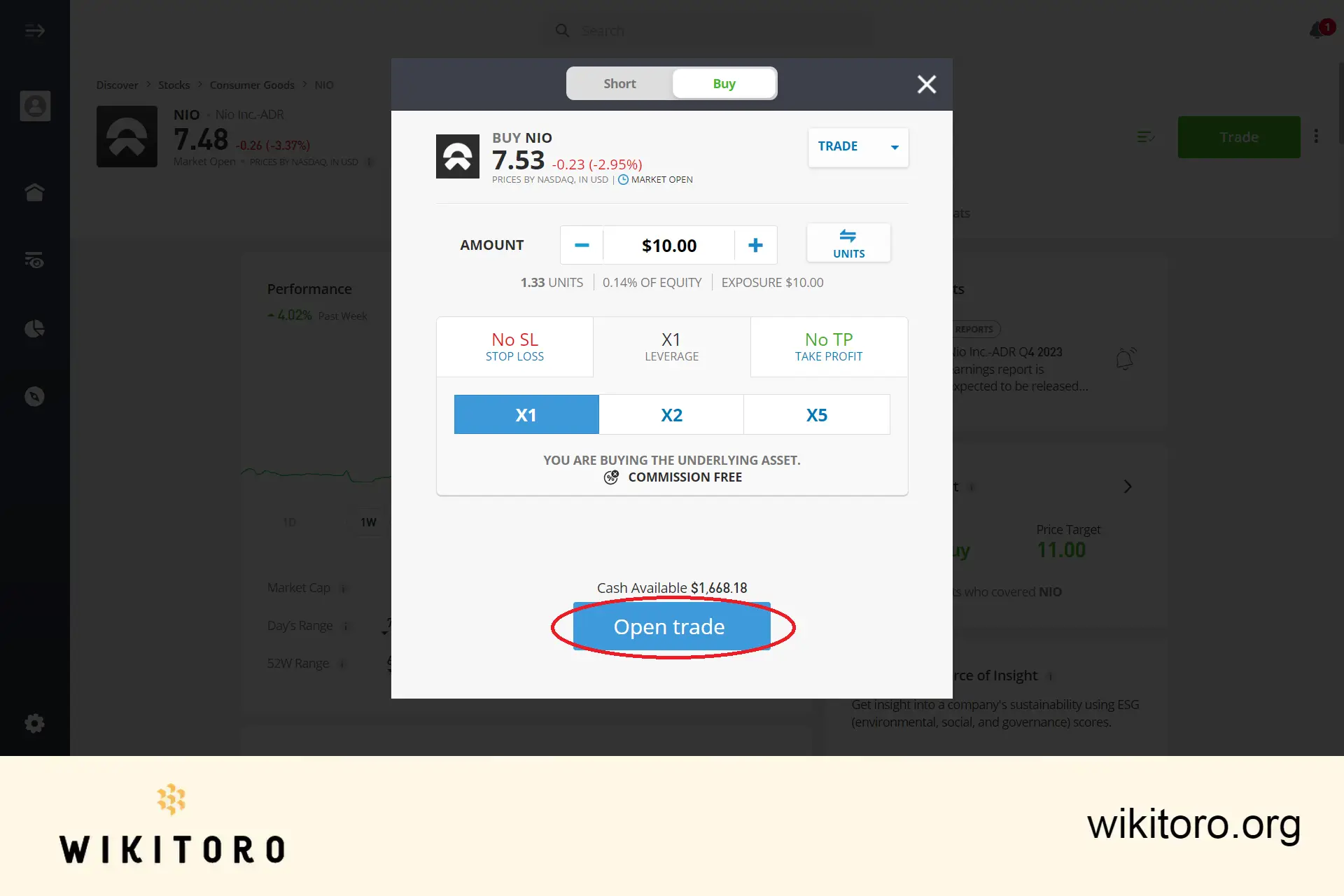 Executando a negociação de ações eToro NIO