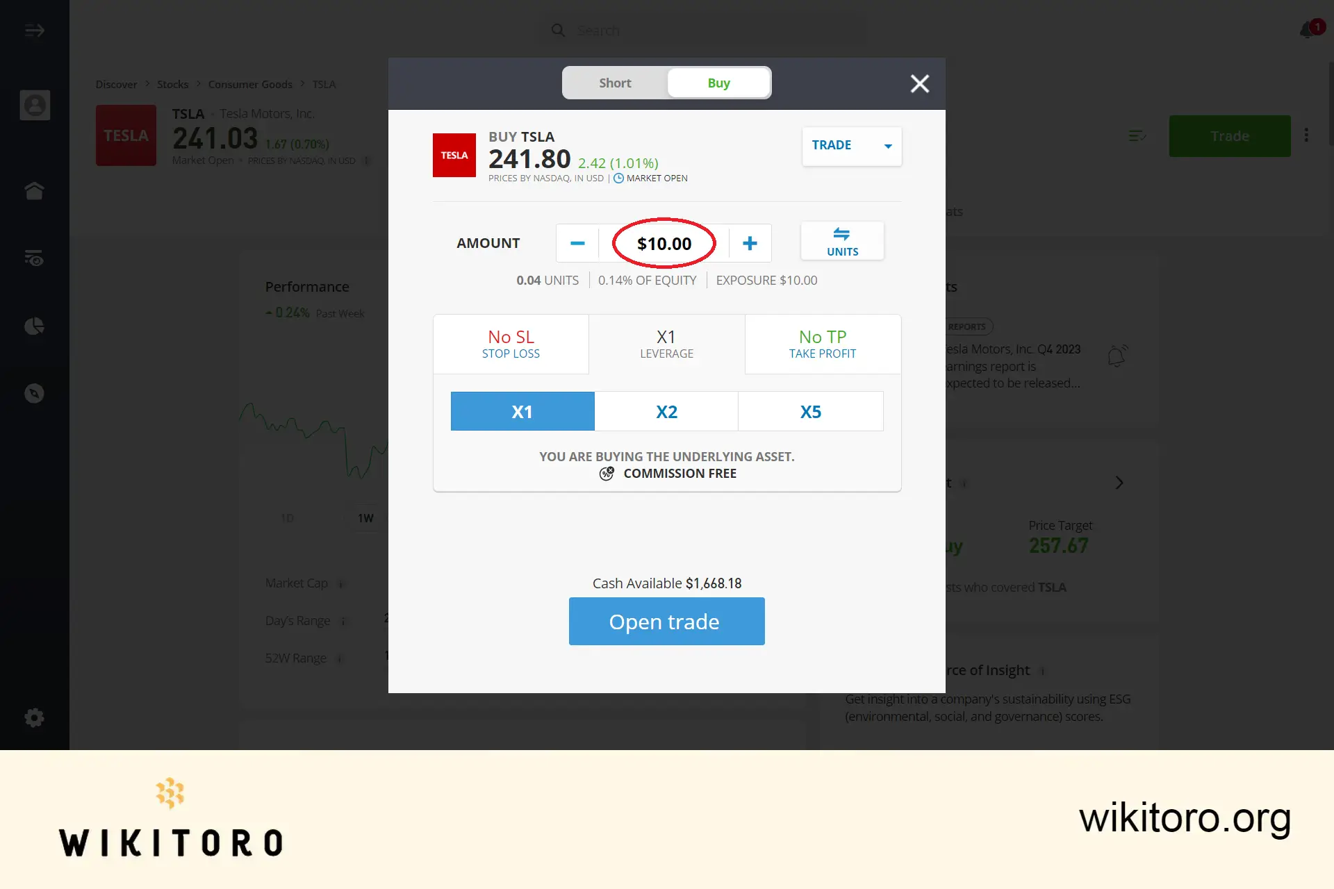 Introduzir o montante de investimento em acções da Tesla no eToro