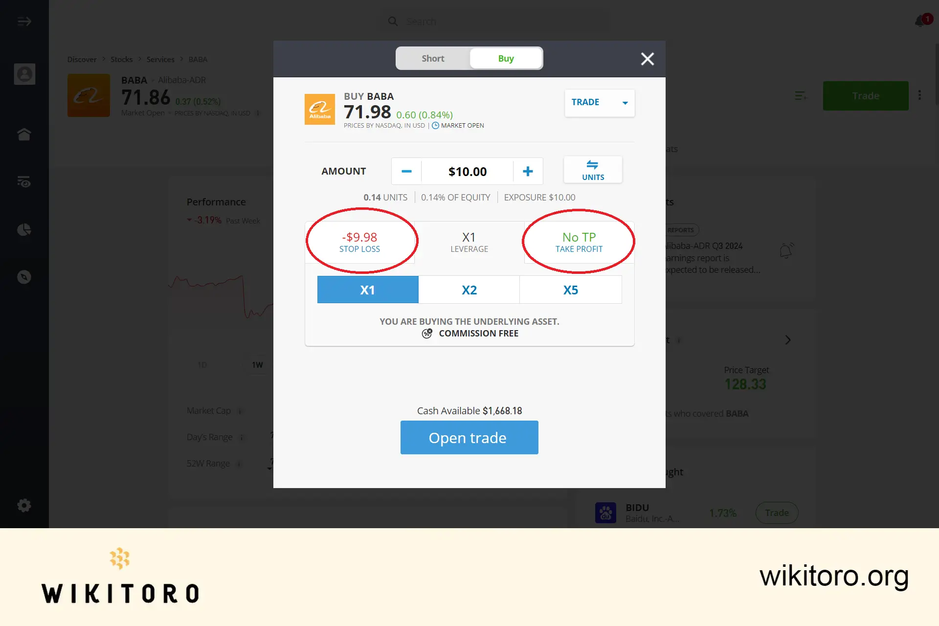 Definir parâmetros de negociação de acções eToro Alibaba