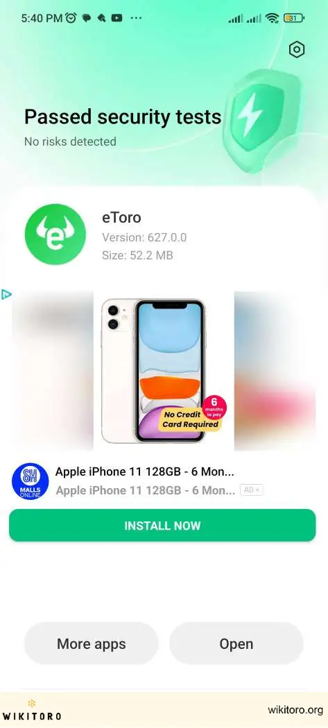 Aplicação eToro instalada no dispositivo Android