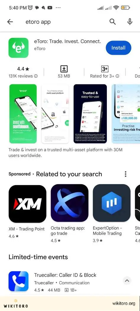 Aplicação eToro na Google Play Store