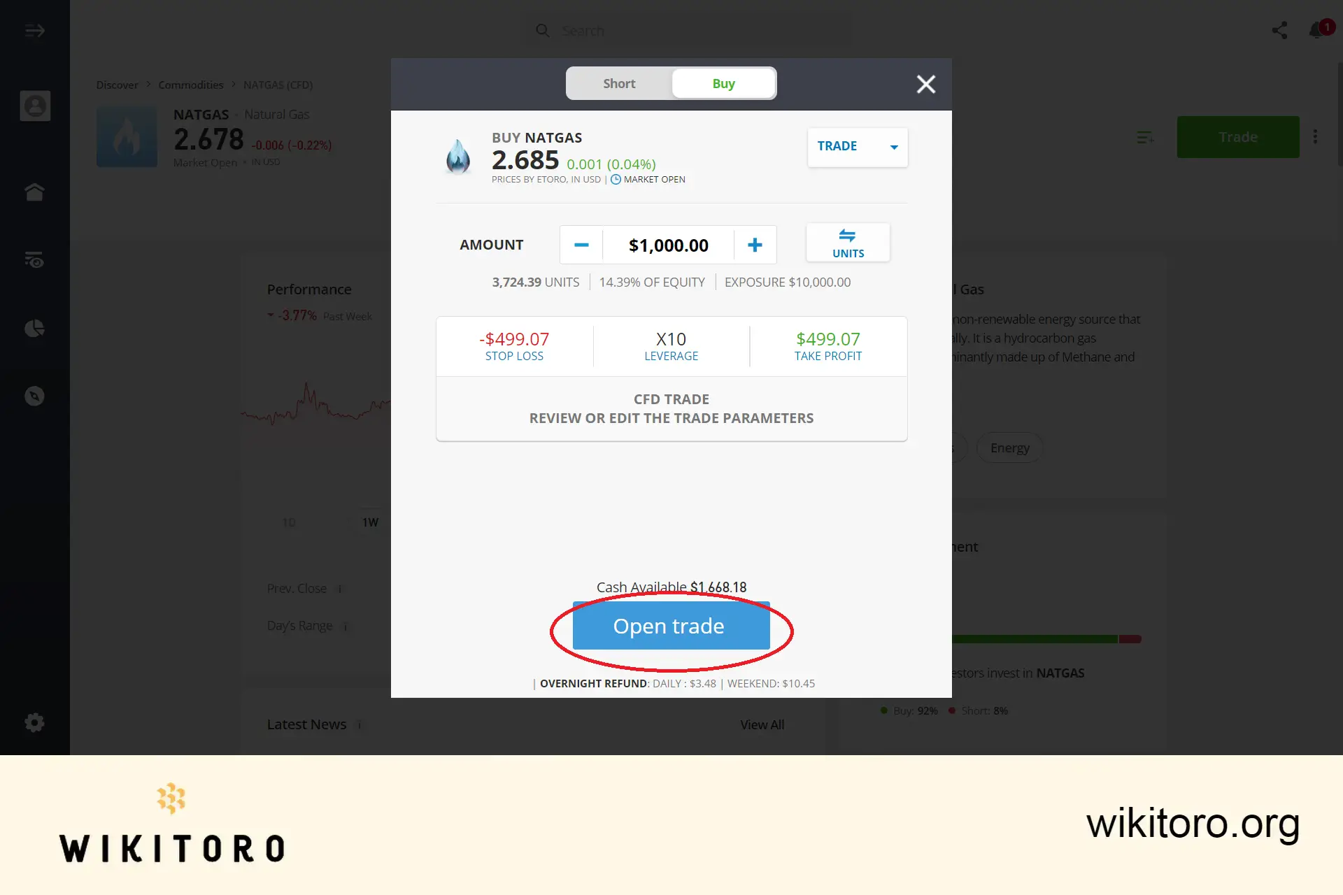 Executando eToro Natural Gas ordem de negociação