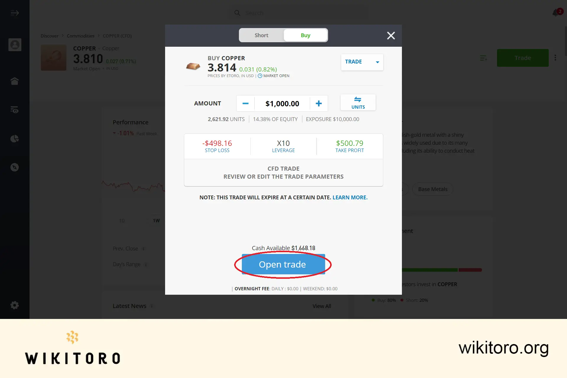 Executando eToro Ordem de comércio de cobre