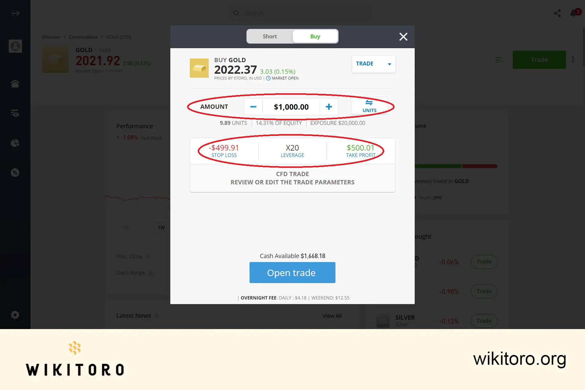 Definir parâmetros de negociação de ouro no eToro