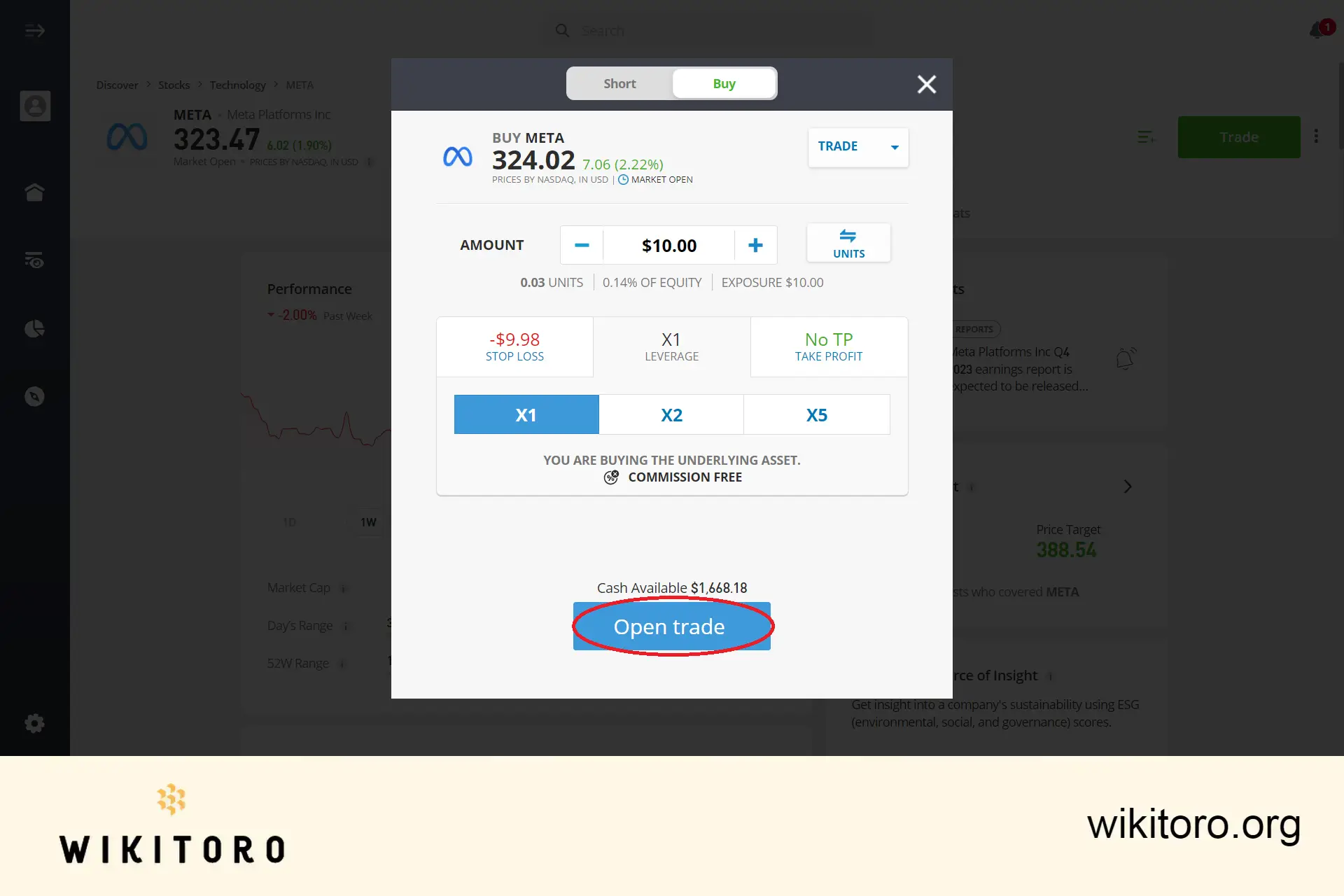 Executar transação de acções eToro Meta