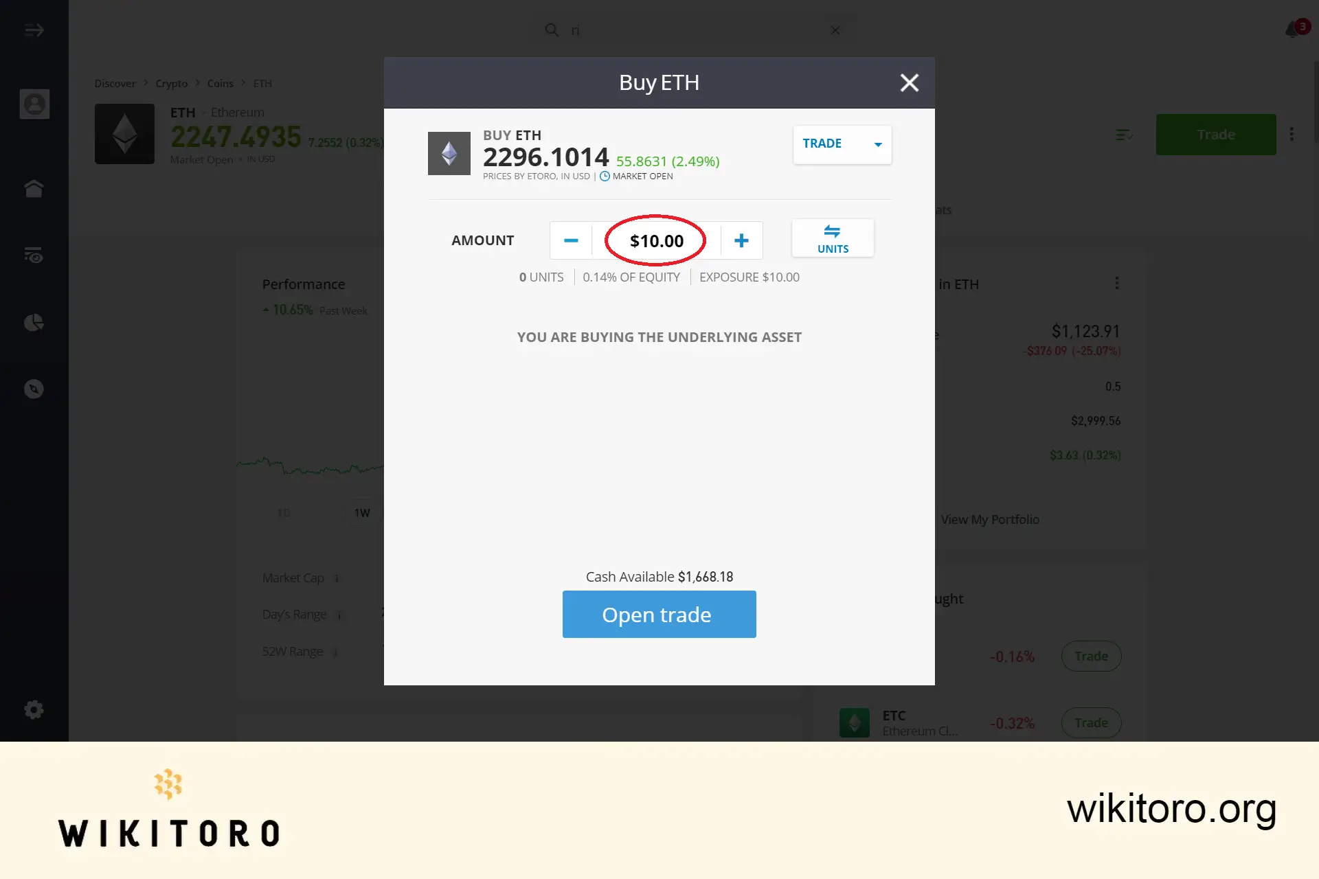 eToro Ethereum comércio mínimo é $10